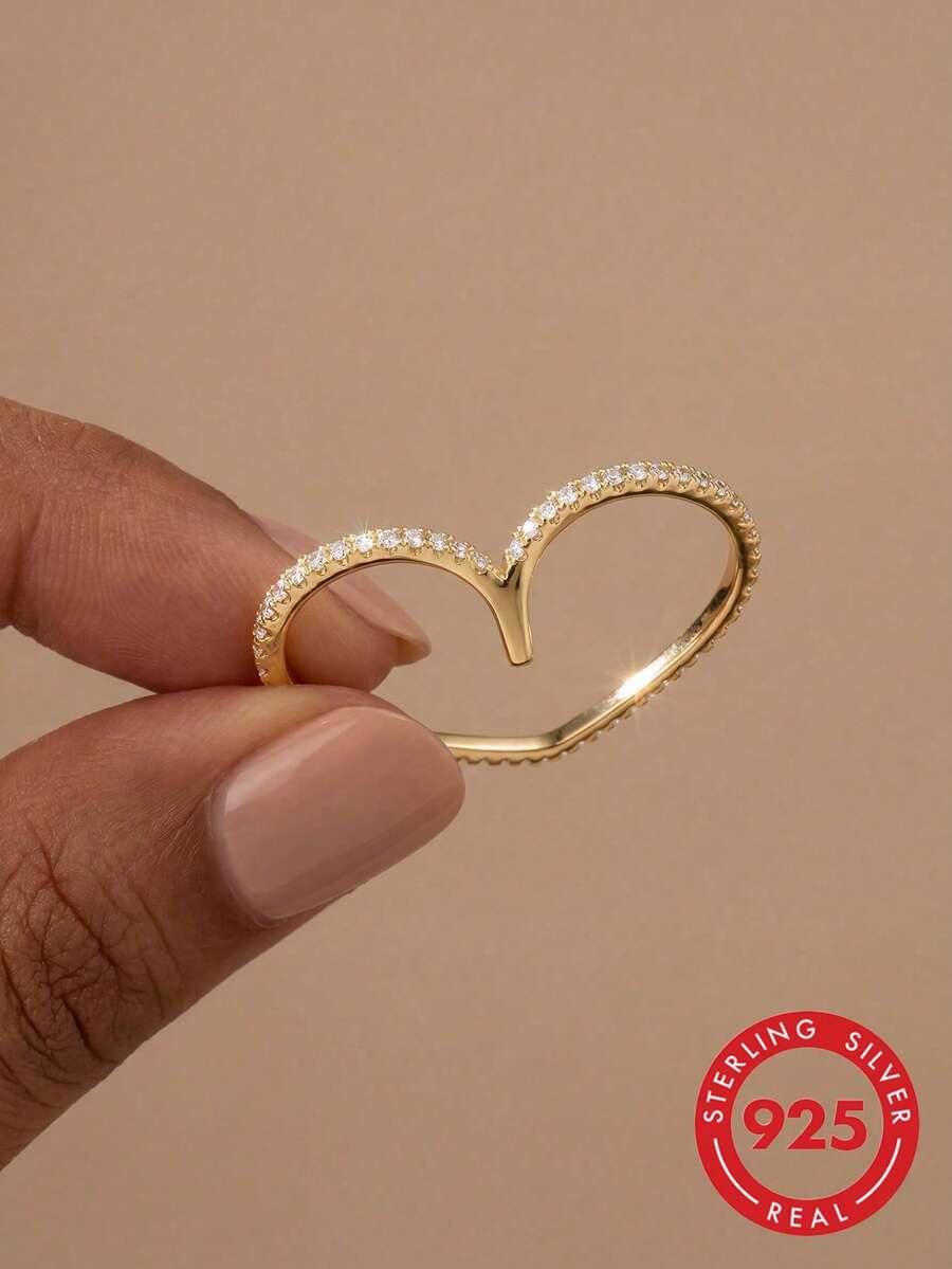 1pc Minimalist Micro-Inlaid Heart-Shaped Double Finger Ring, S925 Sterling Silver Zirconia, Fashionable & Delicate Single Ring, Daily Decoration Gift For Women - Micro-inlaid Heart-shaped Double Fingers - View 1