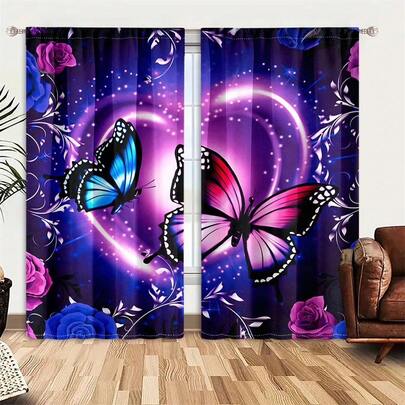 2 tấm rèm cửa màu tím họa tiết bướm, cản sáng một phần, thiết kế không cần khoan lỗ, kiểu dáng huyền ảo cho phòng khách, nhà bếp, trang trí nhà cửa, chất liệu polyester, có thể giặt máy/giặt tay.