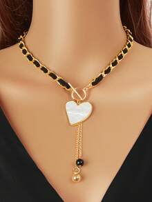 1 pieza Collar de mujer con cadena dorada, cuerda trenzada negra, colgante de corazón blanco y borla, joyería de moda para fiesta y uso diario - En forma de corazón - Ver 1