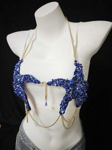 2026春夏新款身体链、罩衫、海星比基尼配饰、男女通用性感胸链、心形珍珠锁链内衣、异域风情透明装饰文胸，适合海滩、派对、度假、音乐节等场合。 - 藍色 - 查看 11