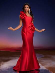 Elisanya Women's 3D Floral Decor One-Shoulder Elegant Waist-Defining Evening Party Dress Wedding Red - Red - View 6