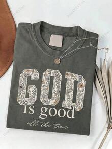 Summer Tops2026 Women's 230g Heavyweight Retro Christian T-Shirt-Vintage "God Is Good" And "It's Always Been Like This" Bible Verse Print, Crew Neck Short Sleeve Casual T-Shirt, Suitable For Church Activities, Casual Fits, Holiday Gifts (Machine Washable)Faith-Themed Clothing, Wax-Print Vintage Style, H-Cut Design, Suitable For All Seasons, Soft And Breathable Fabric, No Padding, Pullover Design, Suitable For Spring And Summer, Whitetops,Valentinesdayfit,Mardigras,Summertops,Clearancesaleforwomen,Valentinefitsforwomen,Womentops,Fairycore,Superbowl,CostumeselegantthewomanLoose And Comfortablesummer Clothes - 淺藍色 - 查看 11