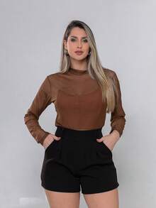 Women's Long Sleeve Tulle Blouse With High Neck, Elegant, Simple, Sheer, No Transparency, Suitable For Evening, Stage, Concerts, And Beach. - 鏽棕色 - 查看 6