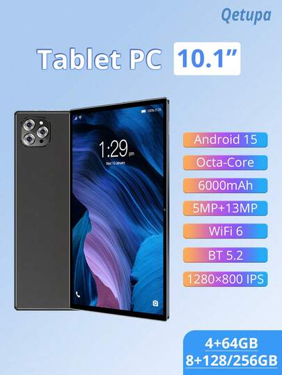  Qetupa Android 15 10.1 英寸平板电脑，4GB RAM + 64GB ROM / 8GB RAM + 128GB ROM / 8GB RAM + 256GB ROM（支持最高 1TB SD 卡扩展），MTK 8788 八核 2.0GHz 处理器，高清 (1280x800) IPS 触控屏，5MP + 13MP 双摄像头，6000mAh 电池，Type-C 接口，支持 802.11ax Wi-Fi 6 和 GPS（不支持 SIM 卡）