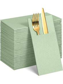 10/20pcs Pack Gray-Green Linen-Feel Paper Napkins With Cutlery Pockets, Pre-Folded Cloth-Like Tissue Paper Bulk Pack Suitable For Dining, Easter, Wedding, Baby Shower, Birthday, Bridal Party - Rattail Green - View 2