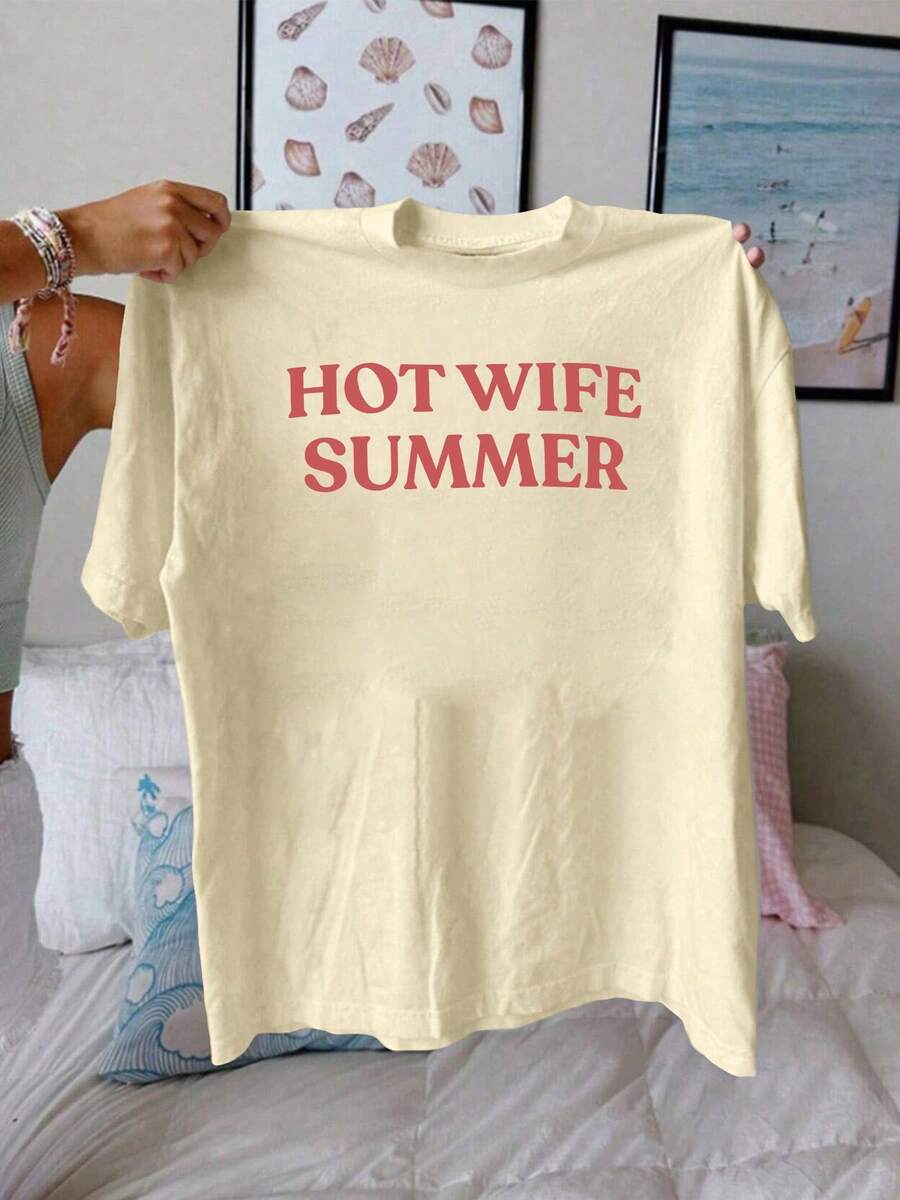 Hot Wife Summer Slogan Print T-Shirt, Summer Vacation Themed Short Sleeve Top For Women, Casual Humor Graphic Tee Vacation Outfits Women Beach CoverUP - 杏色 - 查看 1