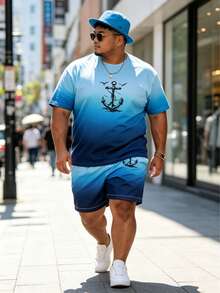 1. Ombre Blue Plus Size Loose T-Shirt Set: Contrast Print Plus Size Short Sleeve Tee And Shorts, Minimalist Logo Print Summer Vacation Casual 2-Piece Set, Suitable For Daily Wear And Workout, Lightweight And Breathable For Tall And Men In Summer - Multicolor - View 3