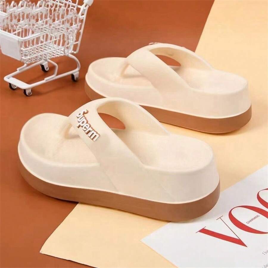 Women's Thick-Sole EVA Flip Flops, Letter Print Anti-Slip Slides, Elevated Indoor/Outdoor Beach Sandals - Beige - View 1