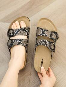 波西米亚蛇纹图案搭扣平底凉鞋 - 黑色 - 查看 6