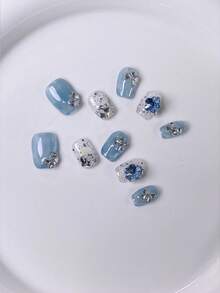 10pcs Handmade Short Square Blue Y2K Style Elegant Minimalist Cat Eye Glossy Nail Stickers, Suitable For Women And Girls, Applicable For Various Seasons, Festivals, Parties, Holidays And Daily Life Nail Art Supplies Press On Nails - Blue - View 4