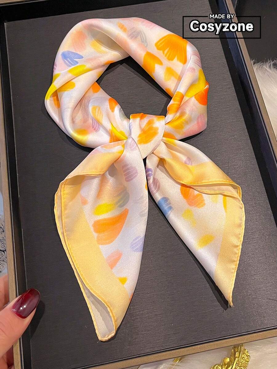 1pc Elegant Heart Pattern Printed 70cm Square Scarf, Versatile Bandana For Women, Suitable For Casual, Streetwear, Outdoor Sun Protection, Headwear Decoration, Great For Styling - Light Yellow - View 1