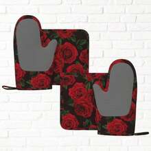 Juego de 4 manoplas de horno y soportes para ollas de color y guantes de silicona resistentes al calor para horno y agarraderas almohadillas para orejas calientes para cocina hornear - Rojo Negro Rosa Flor - Ver 7