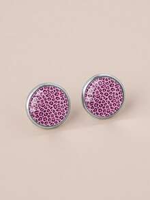 1 Pair Stainless Steel Round Stud Earrings With Pink Leopard Print Pattern, Sexy Minimalist Style Suitable For Women's Daily Wear And Gifts, Elegant Minimalist Jewelry Earrings Suitable For Women's Daily And Holiday Wear - Hot Pink - View 5