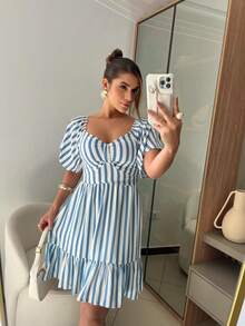 Women's Striped Short Dress With Puff Sleeves And Ruffles - Casual And Elegant Summer Fashion. Ruched Ruffle Hem - Teal Blue - View 3