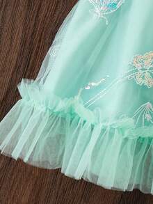 Girls Summer Fairy-Style 2 Pieces Set, Mint Green Embroidered Mesh Hem Cami Top + Pleated Wide Leg Long Pants, Fresh And Elegant - Mint Green - View 8