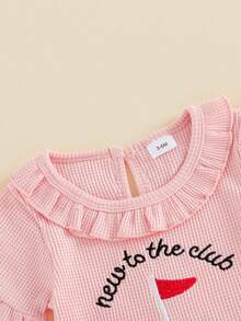 Baby Girl Golf Outfit New To The Club Golf Embroidery Ruffle Romper With Ruffle Hem Shorts Set Infant Soft Waffle Knit Summer Casual Clothes - Pink - View 6