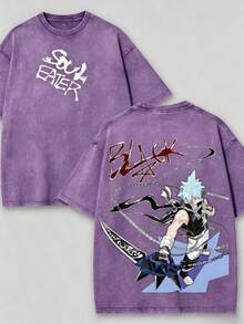 Soul Eater - Black Star Anime Washed T-Shirt, Double-Sided Cotton, Unisex Design, Japanese Manga Merchandise, Men's T-Shirt - 紫色 - 查看 2