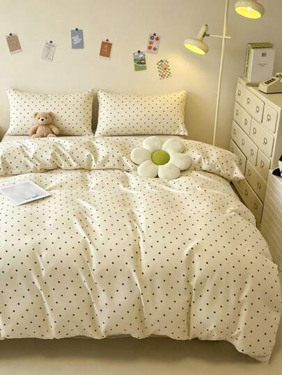 Korean Style Minimalist Polka Dot Duvet Cover 3-Piece Set, Cream White & Black Circular Dot Bedding Set, Skin-Friendly All Season, Washable Synthetic Fiber Bedding Set, Suitable For Bedroom (Includes 1 Duvet Cover + 2 Pillowcases, Excludes Comforter & Pillows, Random Pillowcase Pattern), Zipper Closure, Multiple Sizes Available