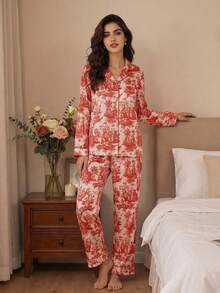 两件套女士印花冰丝睡衣套装，简约翻领长袖家居服套装，两件套，秋冬服装，圣诞节 - 紅色 - 查看 3