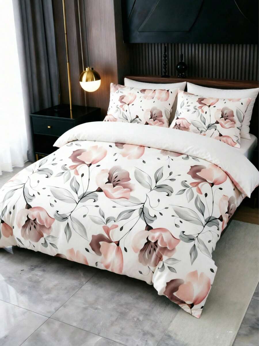 3Pcs Gentle Watercolor Pink Flower Duvet Cover Pillow Cover Pattern Is Random Duvet Cover Set (1 Duvet Cover + 1/2 Pillowcase Without Pillow Insert), Bedding Set, Soft Warm And Cozy Bedding Set For Bedroom, Guest Room, Dormitory Decoration Set Rose Plant Print Soft Skin-Friendly Luxury Bedding - Multicolor - View 1