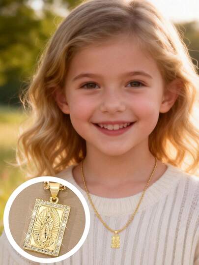 14K Gold Plated Copper Virgin Mary Zirconia Necklace For Girls, Vintage Religious Style. Durable Bright Color, Thin Lightweight Chain Design For Children