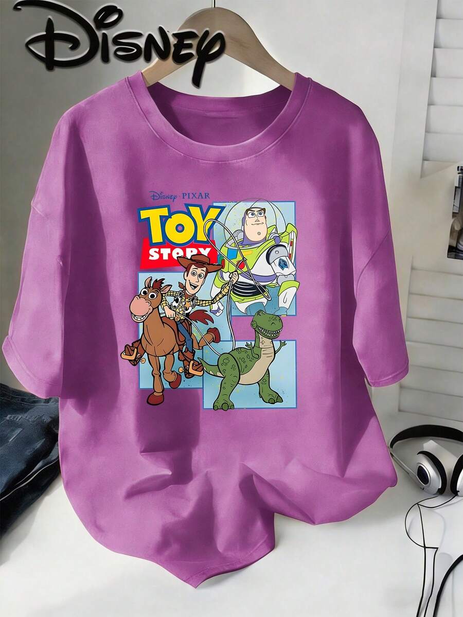 Disney  Toy Story Main Characters Vintage Washed Black Oversized Cotton T-Shirt, Extra Large Baggy Fit Tee For & Adults, Disney Fans Casual Top - 紫色 - 查看 1