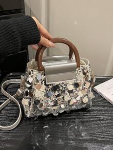 Bộ 2 túi xách đính sequin, túi đeo vai và đeo chéo thời trang cho tiệc tối. - Bạc - Xem 11