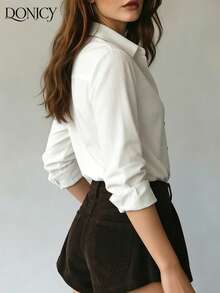 DONICY Women's Minimalist White Long Sleeve Shirt, Textured Fabric, Collared Button-Up Blouse, Suitable For Office And Casual Occasions - White - View 6