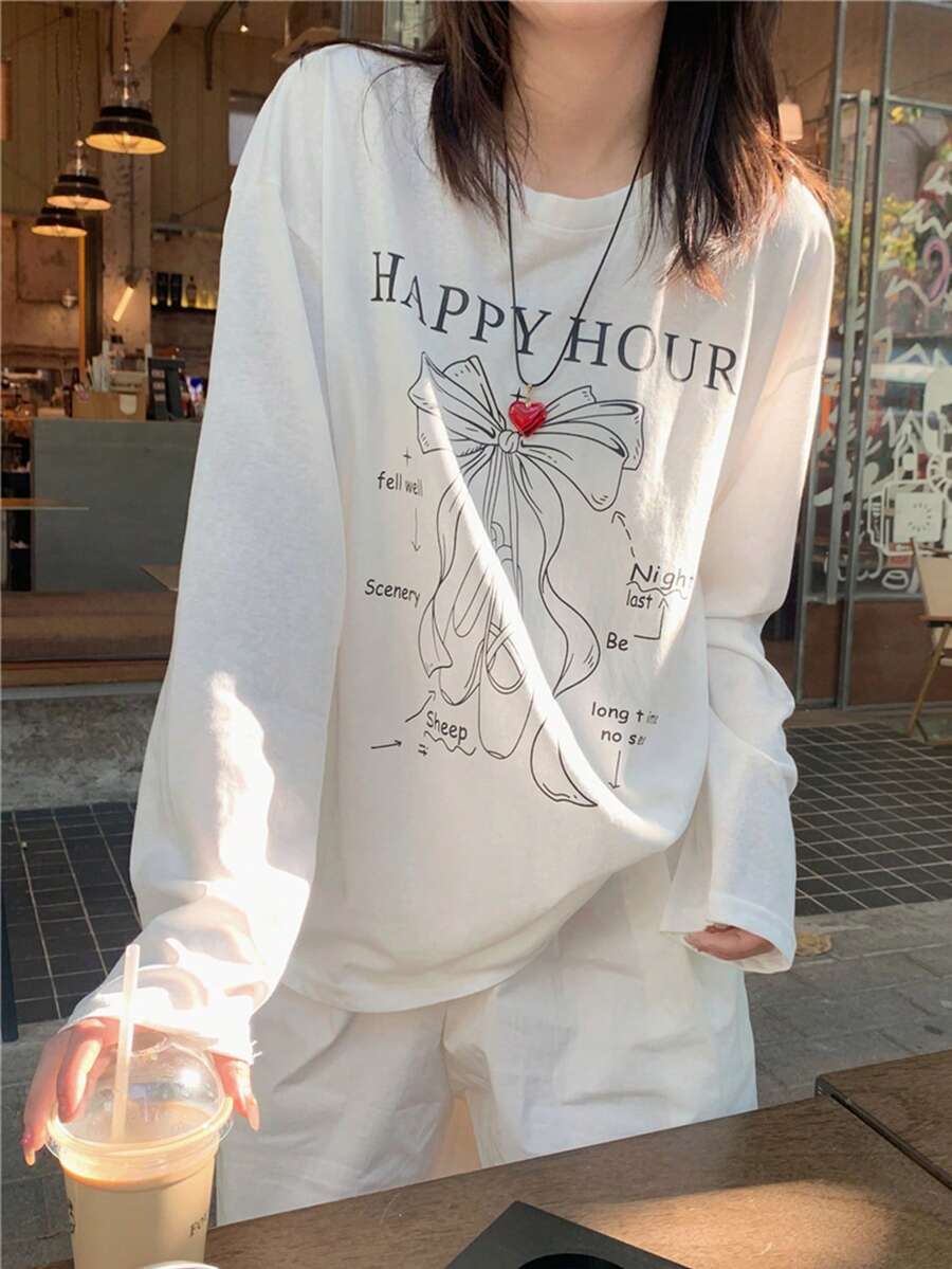 Áo thun dài tay nữ kiểu dáng thường ngày, chất liệu nhẹ, rộng rãi, thích hợp cho mùa xuân/thu. - trắng - Xem 1