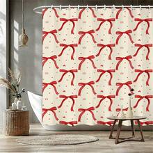 1/4pcs Red Ribbon Bow Pattern Bathroom 4-Piece Set, Including Shower Curtain, Bath Mat, Toilet Lid Cover, And U-Shaped Mat - A - View 18