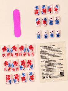 24pcs Short Square 4th Of July Nail Stickers With Red, Blue & Floral Print Accents, Includes 1pc Jelly Gel And 1pc Nail File. Removable Nail Wraps To Make Your Fingertips Shine Bright, Suitable For Women's Daily Work And Party Occasions In Summer - Multicolor - View 2