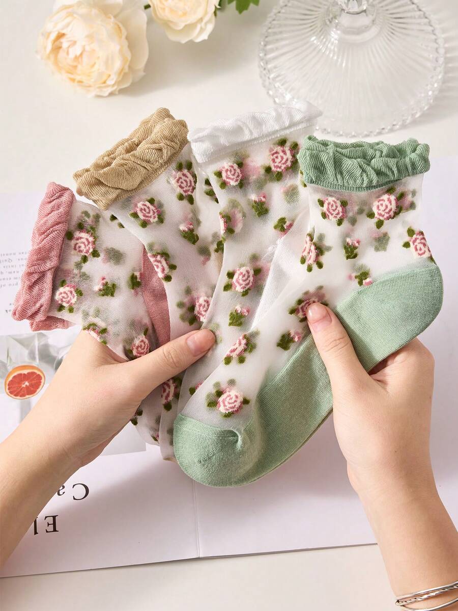 5 Pairs Rose Ditsy Floral Breathable Moisture-Wicking Short Socks For Women, Non-Slip Comfortable, Suitable For Spring/Summer, Casual Wear, Random Colors - Multicolor - View 1