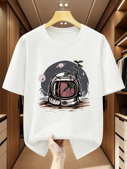 Camiseta moderna de manga corta y cuello redondo con una combinación de casco de astronauta y plantas, hecha de 100% algodón, perfecta para un look casual de verano cómodo, talla grande.