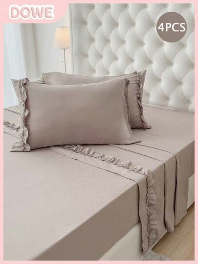 4 Pcs Solid Color Home Bed Sheet Set, Ruffled Edge Decoration,Soft, Comfortable And Breathable Bedding Set, Hotel Luxury Home Summer Bedding Sheets Twin Full Queen King, 2 Pillowcases, 1 Flat Sheet And 1 Fitted Sheet,Room Decor , Ideal Gift. For Home Bedding And School Bedding Dorm Essentials