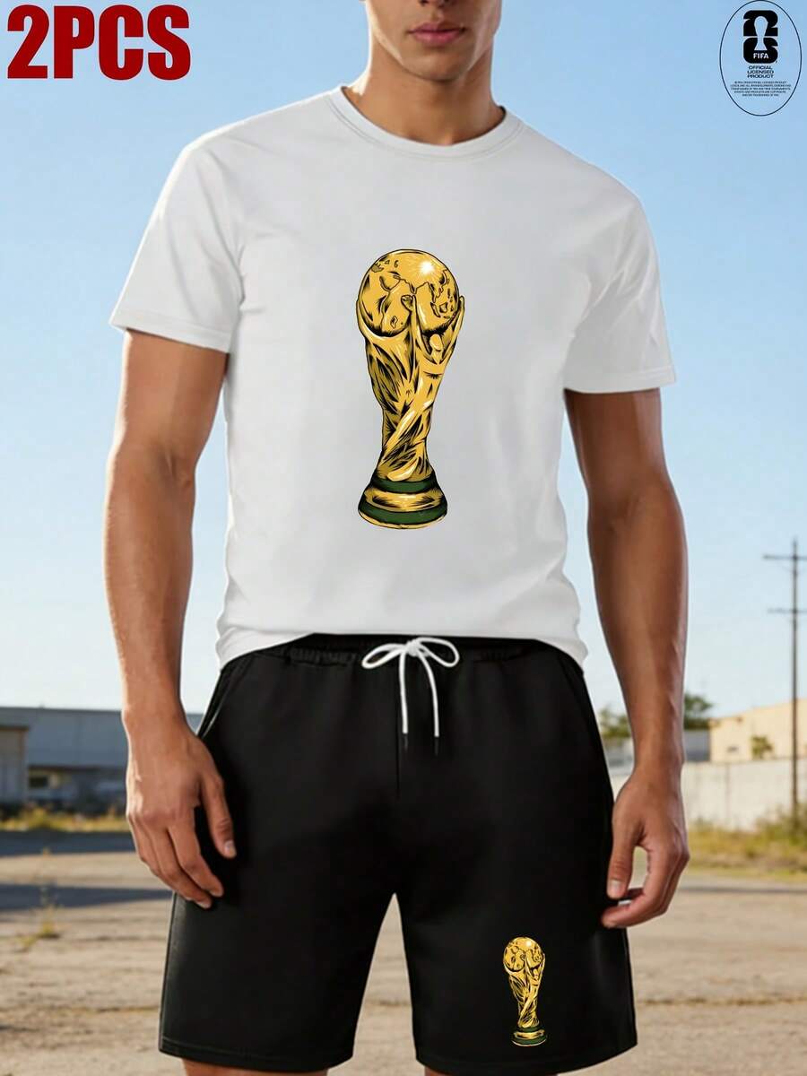 Vintage Washed Series " World Cup" Theme Men'S Casual Suit, Is A Perfect Choice For Everyday Street, Casual And Versatile Style, Perfect Men'S Gift, Birthday Gift, Holiday Gift Brunch Outfits For Women Trajes De Mujer Casual Shorts For Men Conjunto Para Hombre - 白色 - 查看 1