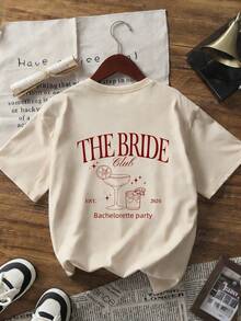 1 pieza Camiseta de mujer de manga corta y cuello redondo para verano, con estampado "LA NOVIA, EST. 2026", adecuada para despedida de soltera, boda, playa, calle, uso diario, top de verano. Blusa holgada y versátil de manga corta y casual. - Albaricoque - Ver 3