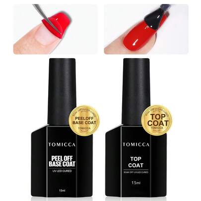 TOMICCA 15ml/2pcs Clear Peel-Off Base Coat And Top Coat, Require UV/LED Lamp For Curing, Long-Lasting And Durable, Suitable For Nail Art Design, DIY Nail Salon, Or As A Gift For Women.