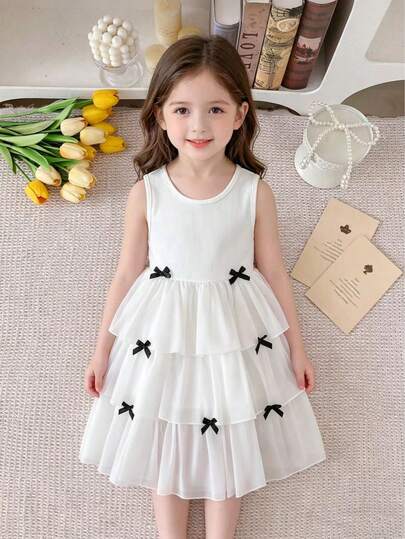 1pc Girls Sleeveless Round Neck Solid Color Mesh Bow Decor Tank Top, Summer