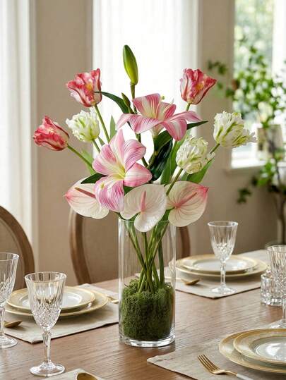 1 Set Silk Artificial Lily, Tulip, Calla Lily Mixed Flower DIY Kit, French Luxury Ins Style Fake Flowers, Home Decor, Wedding Bouquet, Tabletop Centerpiece, Fade-Resistant Floral Decoration For Living Room, Bedroom, Party