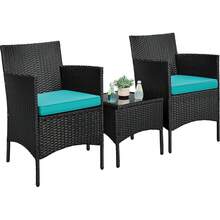3 Pieces Patio Porch Furniture Set, Outdoor PE Rattan Wicker Conversation Set With Soft Cushions, Glass Coffee Table & 2 Chairs For Garden/Deck/Courtyard/Poolside, Brown/Khaki OR Black/Cyan - 黑色/青色 - 查看 1