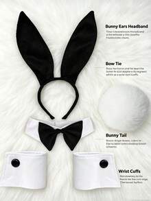 4件套兔耳朵头箍，女士兔女郎服装套装，带绒球尾巴、领结，性感兔女郎套装，兔耳朵头箍，角色扮演服装，兔女郎角色扮演道具 - 彩色 - 查看 6