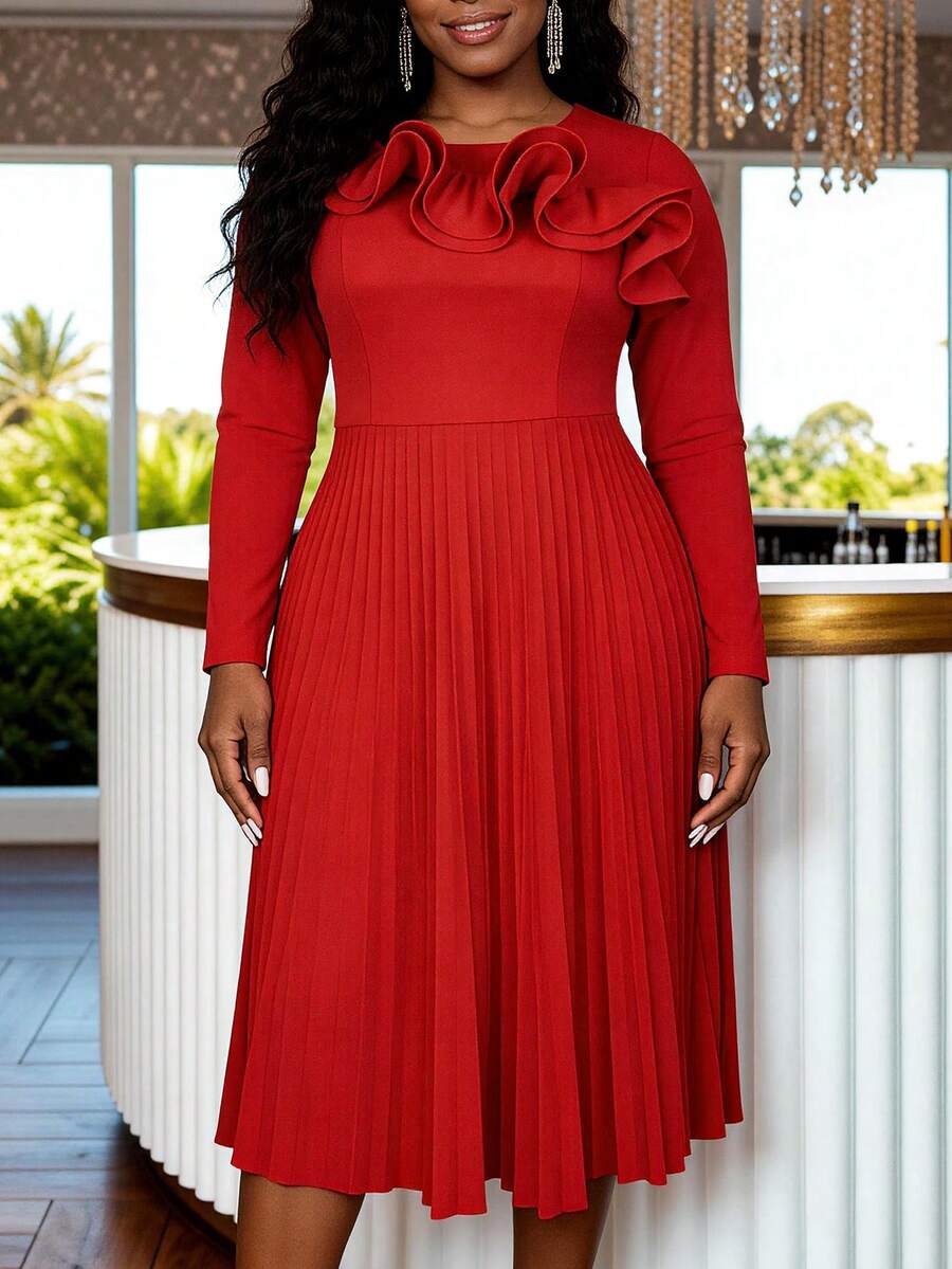 AOMEI Women's Elegant & Dignified Pleated A-Line Red Dress, With 3D Ruffle, Round Neck Long Sleeve, Autumn/Winter Dress Suitable For Parties, Evening Banquets, Weddings And Other Occasions