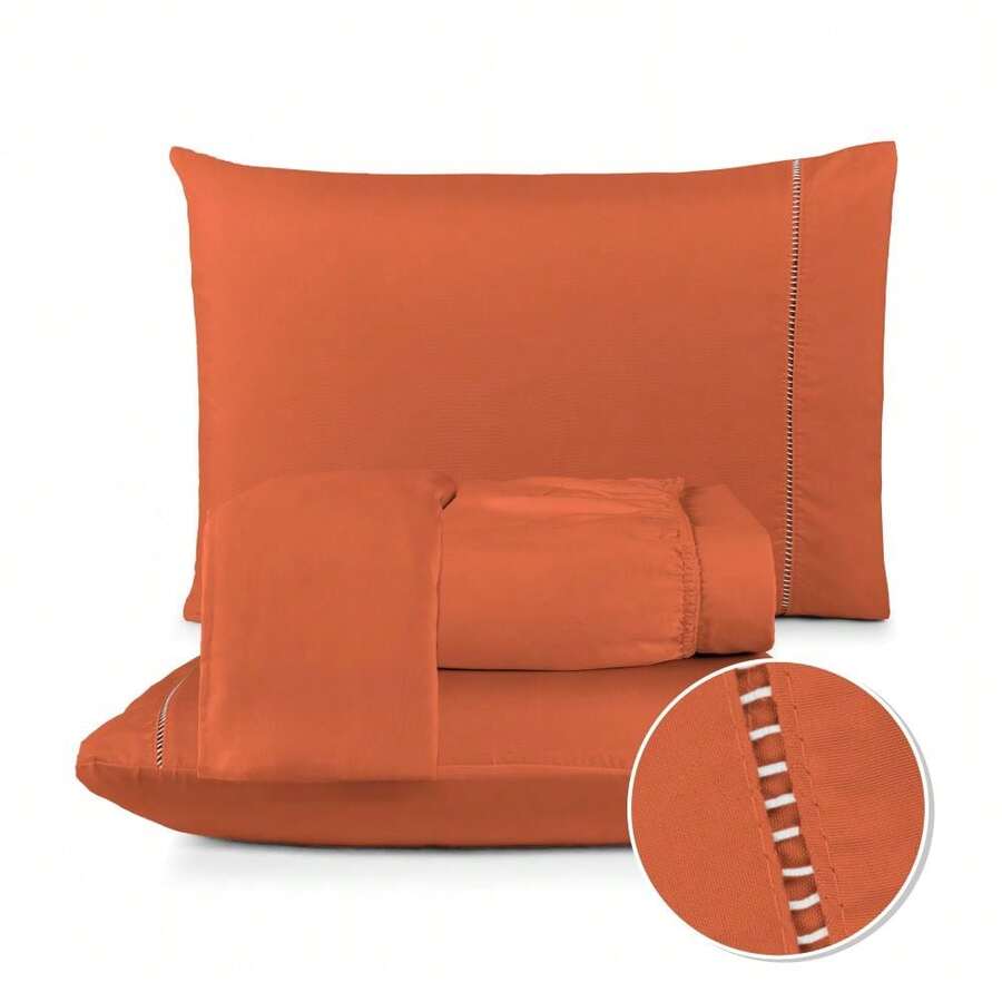 Fitted Sheet Set With Elastic + Pillowcase, 400 Thread Count Percale Flex Luxury, Peach Touch, Single, Full, Queen, King - Terracotta - View 1