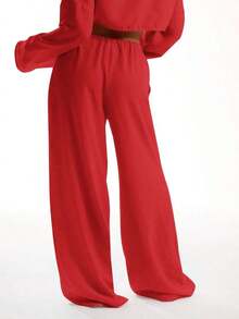 Pantalones de playa con efecto de lino con nudo delantero, elegantes para vacaciones de verano, casuales y bohemios, blancos, para aeropuerto y playa, para primavera y vacaciones - Rojo - Ver 2