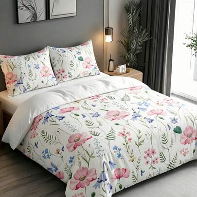 3 pièces Ensemble de housse de couette avec imprimé floral frais de style pastoral, le motif des taies d'oreiller est aléatoire (1 housse de couette + 1/2 taie d'oreiller sans insert de coussin), ensemble de literie, ensemble de literie doux, chaud et confortable pour la chambre à coucher, la chambre d'amis, la décoration du dortoir