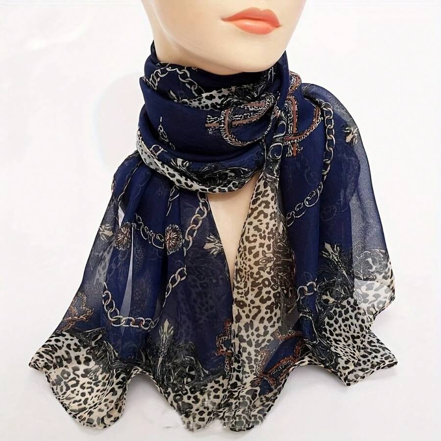 An Elegant Bohemian Floral And Leopard Print Scarf, Designed For Women - A Lightweight And Breathable Shawl That Is Windproof, Making It A Versatile Beach Cover-Up For Summer, Suitable For Stylish Outings, Picnics - 米色 - 查看 1