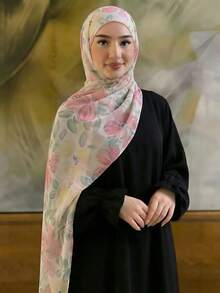 1条女士宽边印花围巾，轻盈透气柔软，水彩印花图案，优雅百搭的日常头巾，适合所有季节，旅行必备，假日佳品 - 彩色 - 查看 3