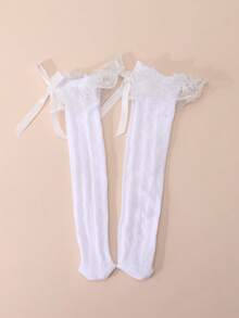 1 Pair Baby Girls' Sweet Cute Lace Ruffle Bow Heart Jacquard Mesh Ankle Socks - White - View 6