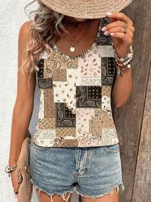 Áo tank top nữ dáng suông in họa tiết phối màu bất đối xứng, áo vest không tay dây dày dặn, áo gile dáng rộng thoải mái, áo gile đi nghỉ mát, áo gile mặc thường ngày, áo gile ngoài trời. - Lạc đà - Xem 4