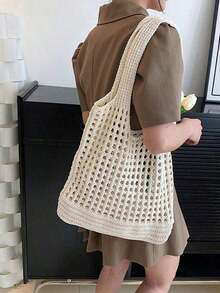 Yogodlns Women's Knitted Shoulder Bag, Vintage Hollow-Out Woven Large-Capacity Floral-Decorated Handbag, Crochet Bag, Perfect For Beach, Travel, Shopping, And Vacation Essentials, An Ideal Choice To Complement Women's Beach Accessories, The Most Popular Women's Beach Bag, Beach Essentials, Beach Supplies, Beach Gear, And Summer Necessities. - 淺褐色的 - 查看 7